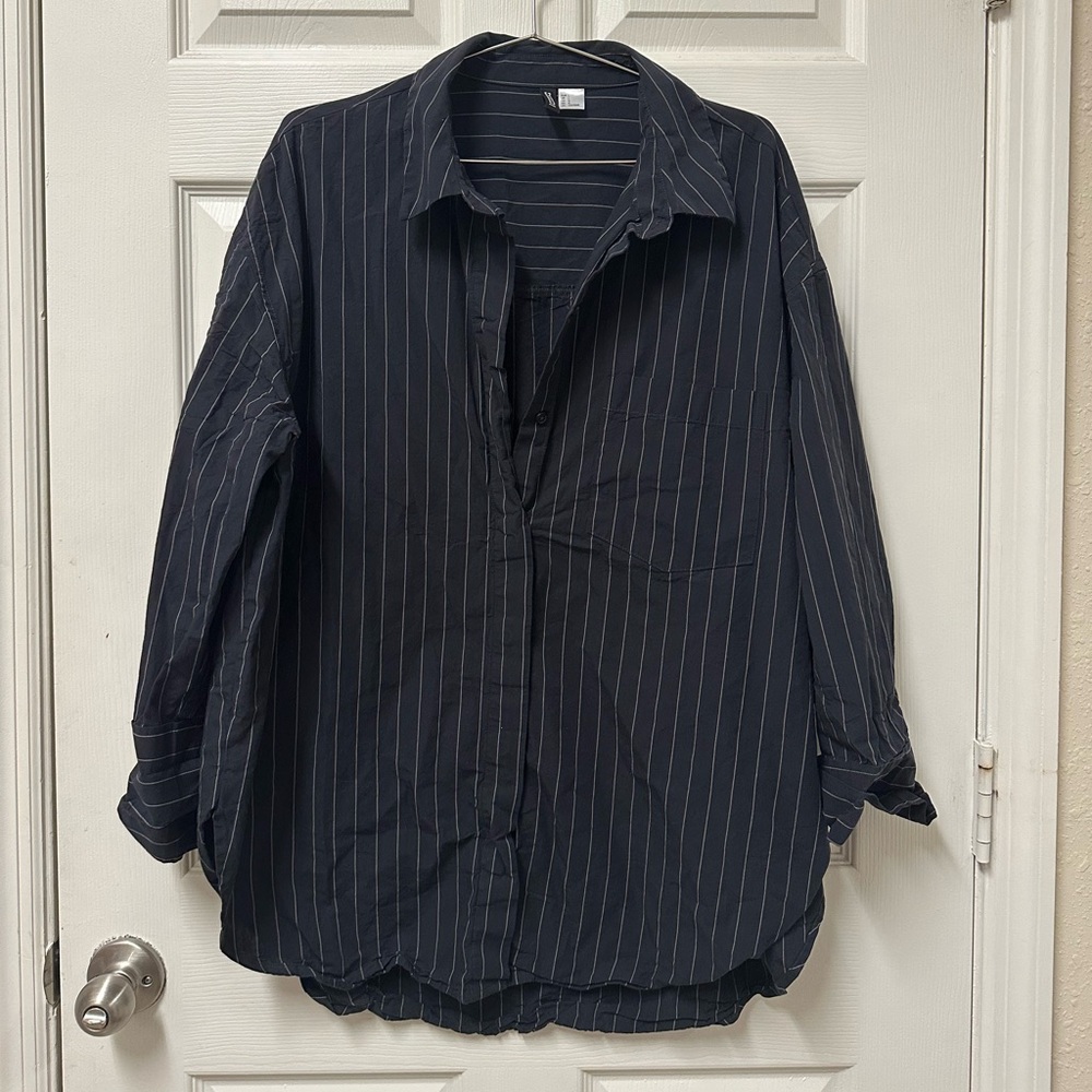 H&M women’s oversized Navy blue Striped Shirt. Worn once.